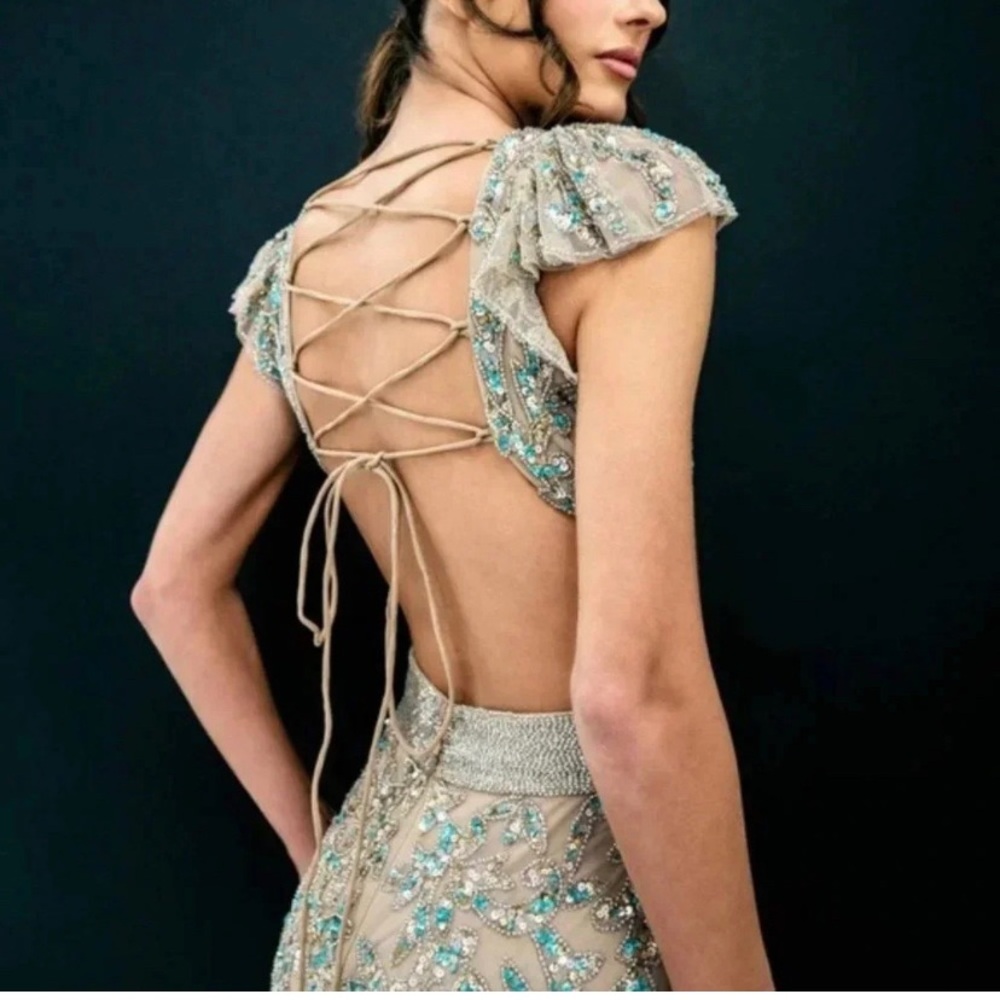 Mac Duggal Embellished Cut Out Lace Up Cap Sleeve Gown 5689